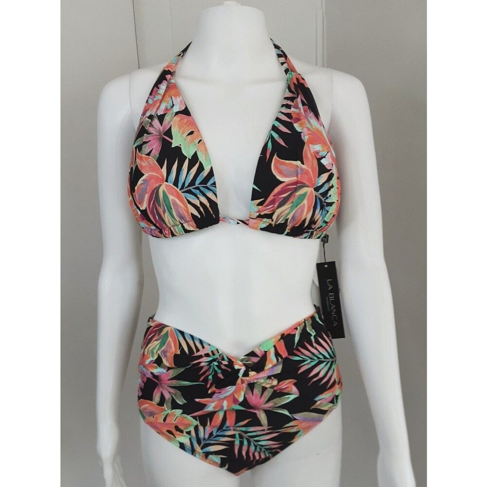 La Blanca Black|Coral Tropical Floral Halter Bikini Set Sz 12/14 - NWT Ret 79.94